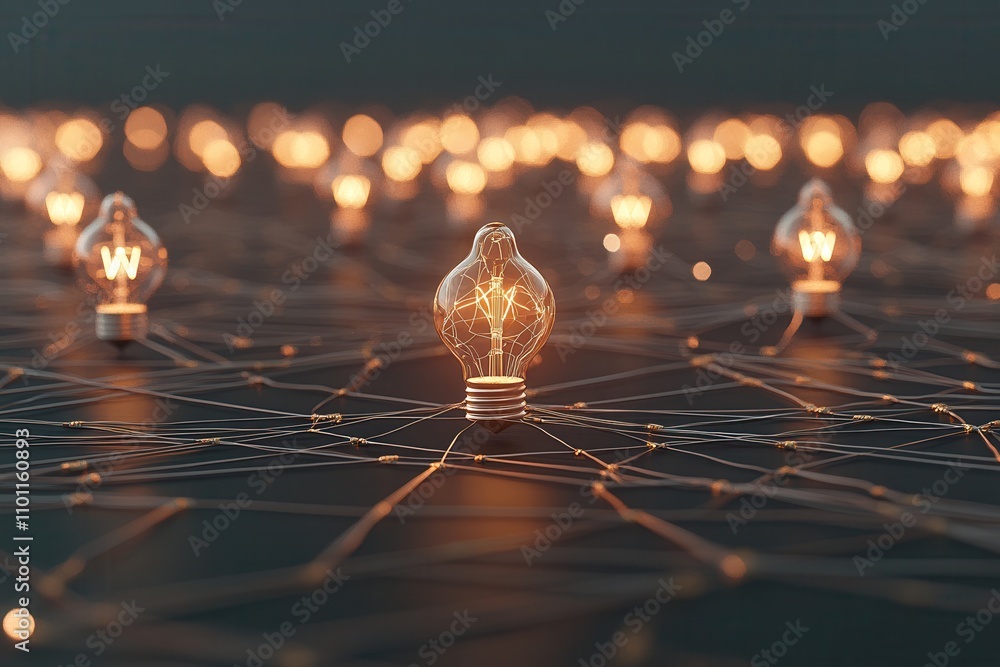 Poster a network of glowing light bulbs symbolizes connectivity and innovation in technology and ideas.