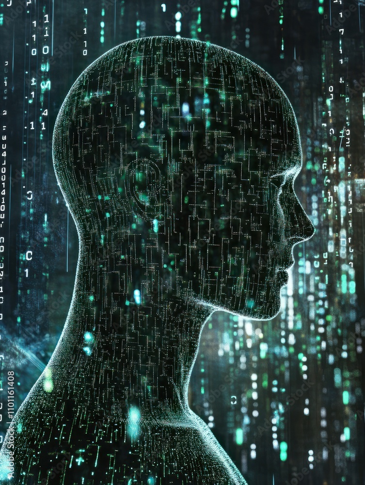 Poster artificial intelligence and virtual reality concept with human head silhouette made by lots of glowi