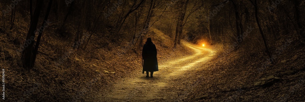 Poster silhouette of a person on a path in a dark forest lit by a distant light.