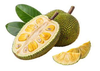 Fototapeta premium Fresh Tropical Jackfruit with Sliced Sections and Green Leaves