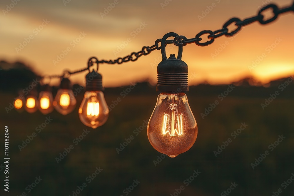 Poster a row of glowing vintage light bulbs hangs from a chain against a beautiful sunset backdrop, creatin