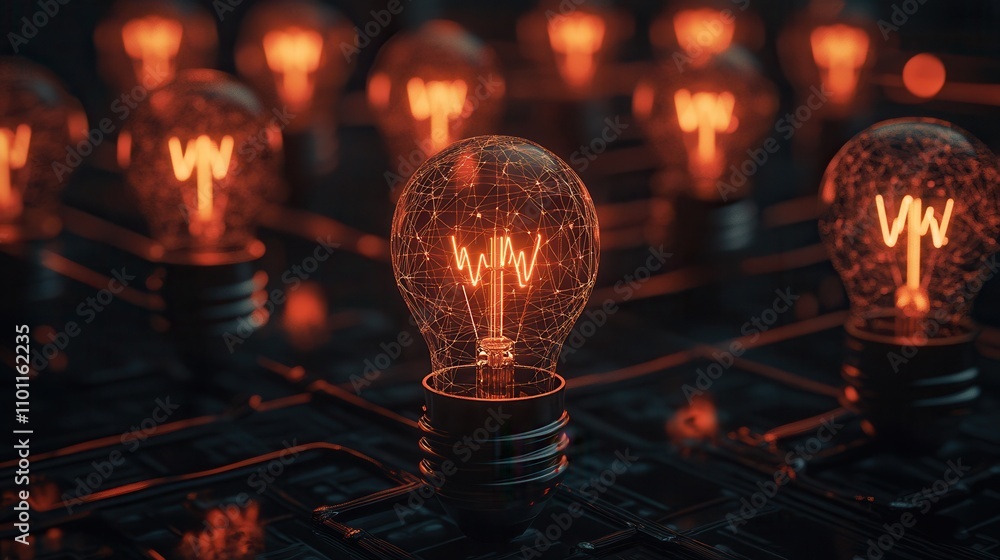 Poster a glowing arrangement of vintage light bulbs illuminating intricate circuits, creating a warm, elect