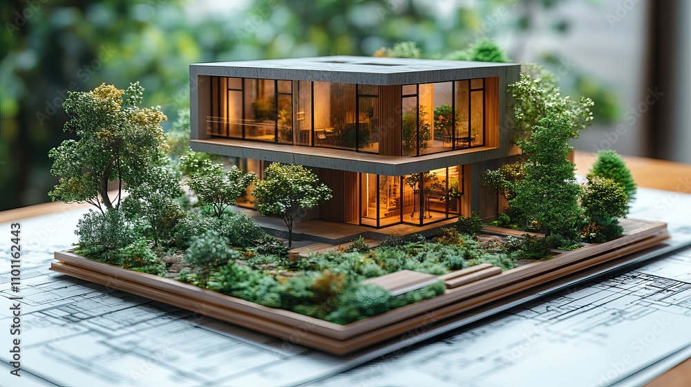 Poster model of a contemporary authentic building block mock up with a garden placed atop blueprints and pa