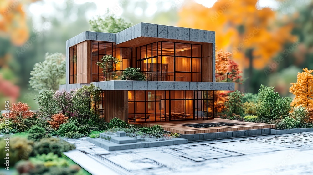 Poster model of a contemporary authentic building block mock up with a garden placed atop blueprints and pa