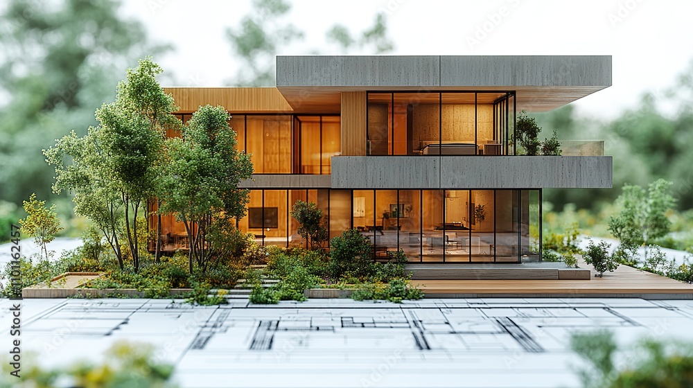 Poster model of a contemporary authentic building block mock up with a garden placed atop blueprints and pa