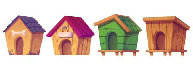 Fototapeta na wymiar Cartoon wooden dog kennels of different designs and rooftops. Wood structures with arched entrances and decorative elements for comfortable pets shelter. Cute shelters for canine companions.