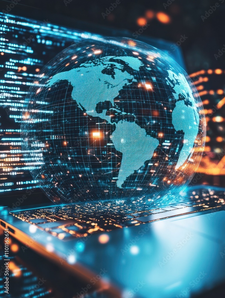 Poster big data network technologies with digital round world map with satellite at opened laptop backgroun