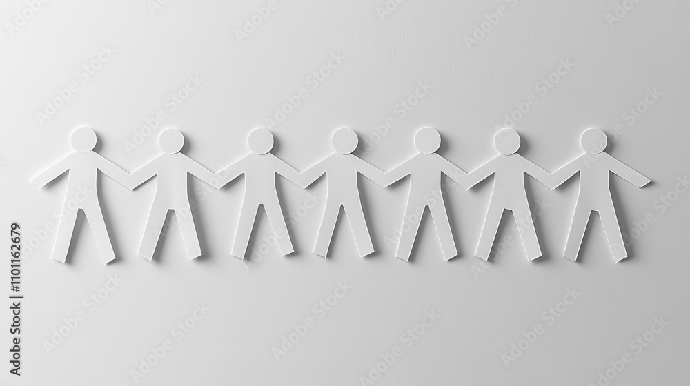 Poster a row of white paper cutouts of people, symbolizing unity and connection, placed against a minimalis