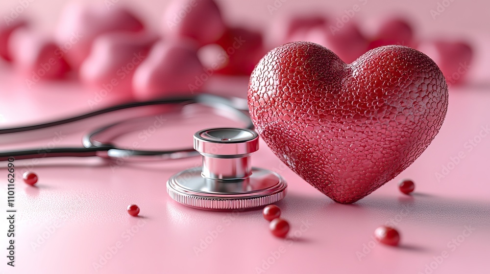 Poster red heart shape on a pink background with a line representing a cardiogram and a stethoscope banner 