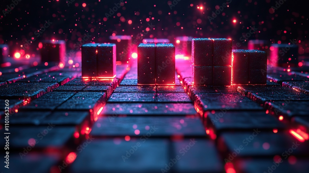 Poster rendering dark background cube bricks with light effect computer digital background