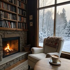 Obraz premium A cozy nook filled with bookshelves and a crackling fireplace