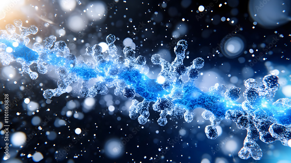 Poster a vibrant, abstract representation of molecular structures connected by a glowing blue line, set aga
