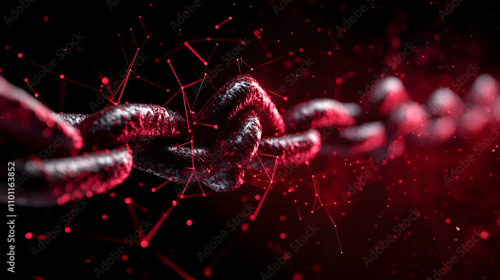 Poster A close-up view of a metallic chain, intricately designed and illuminated with red light against a dark background, showcasing texture and depth