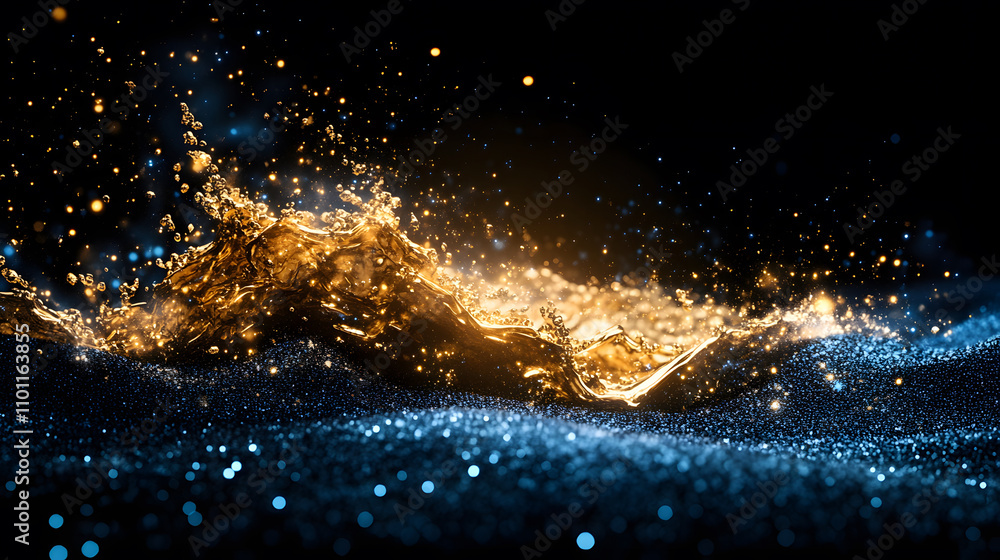 Poster A dynamic splash of golden liquid against a dark backdrop, sparkling with blue highlights, creating a visually striking and vibrant effect