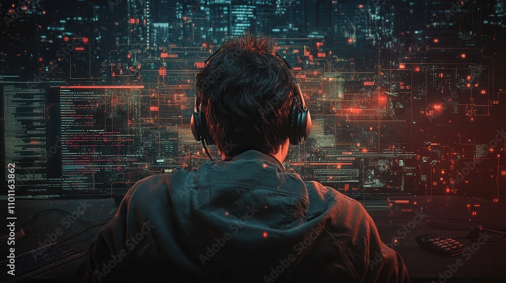 Poster a person wearing headphones sits in front of a digital screen filled with data and vibrant visuals, 