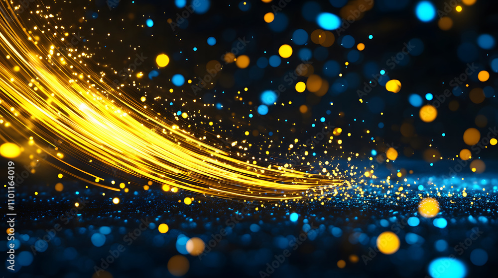 Poster a vibrant display of swirling golden light and colorful bokeh effects against a dark background, cre