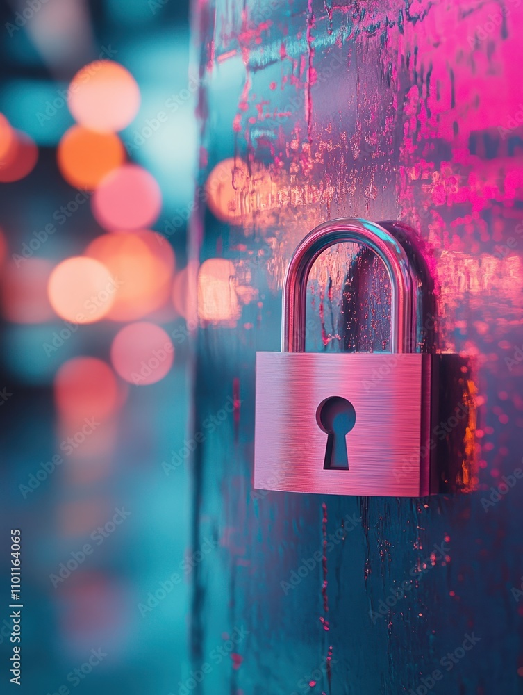 Poster close up of pad with creative padlock interface on blurry background. password and security concept.