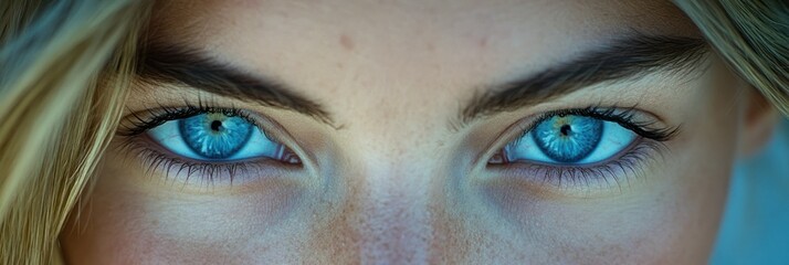 Close-up of striking blue eyes with long lashes and natural freckles.