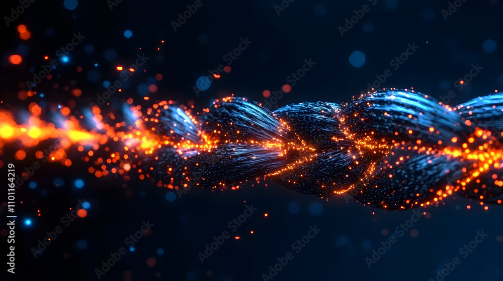 Poster a vibrant, abstract representation of a glowing rope, intertwined with sparks and shimmering particl
