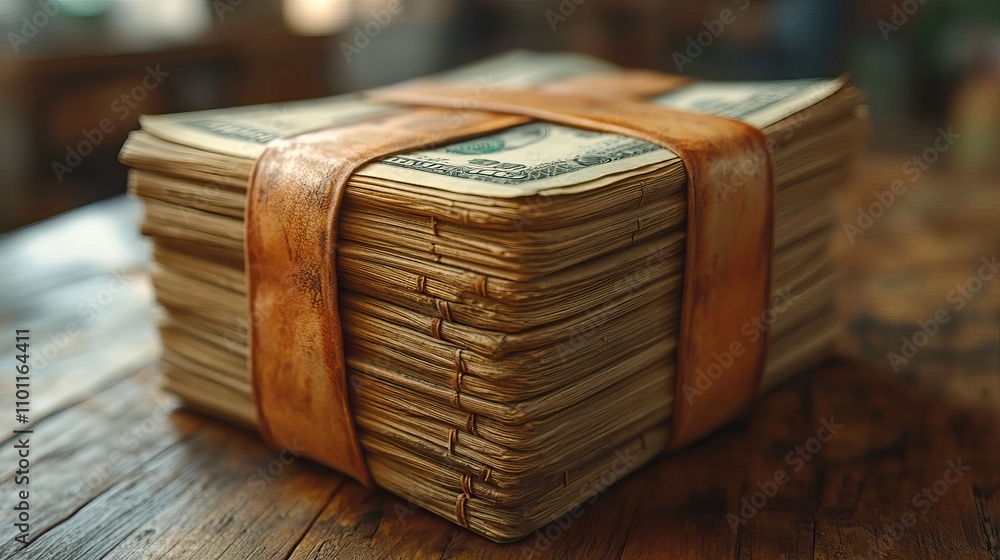 Poster a bundle of banknotes and money transaction rendering