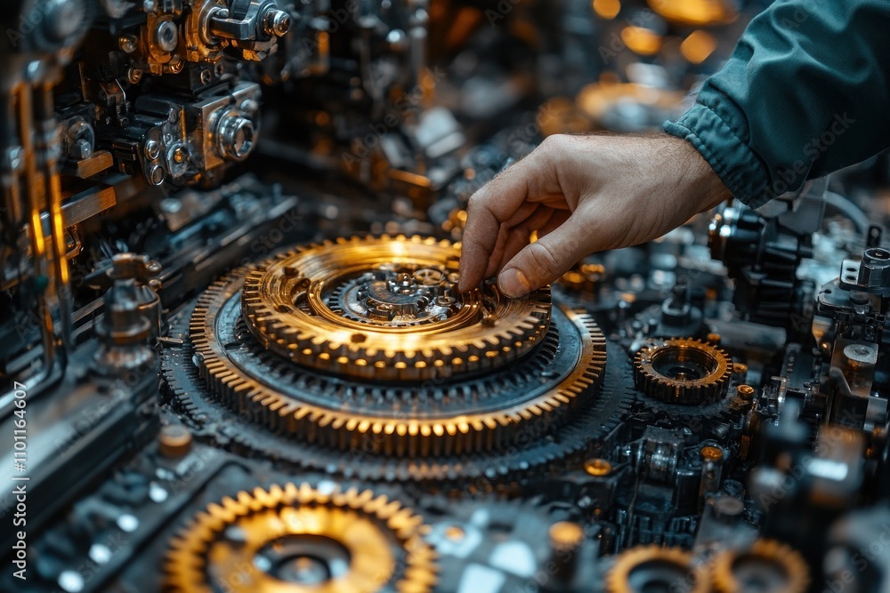 Poster a hand reaches into a complex mechanism with gears and cogs, showcasing intricate engineering and pr