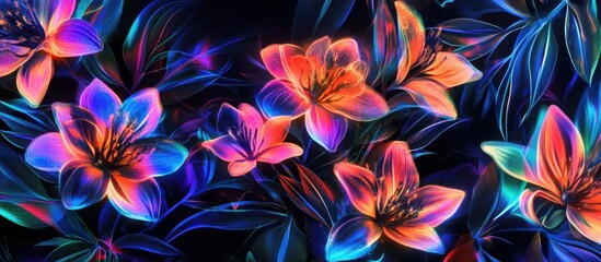 Naklejka premium a futuristic floral pattern with glowing digital flowers, holographic effects