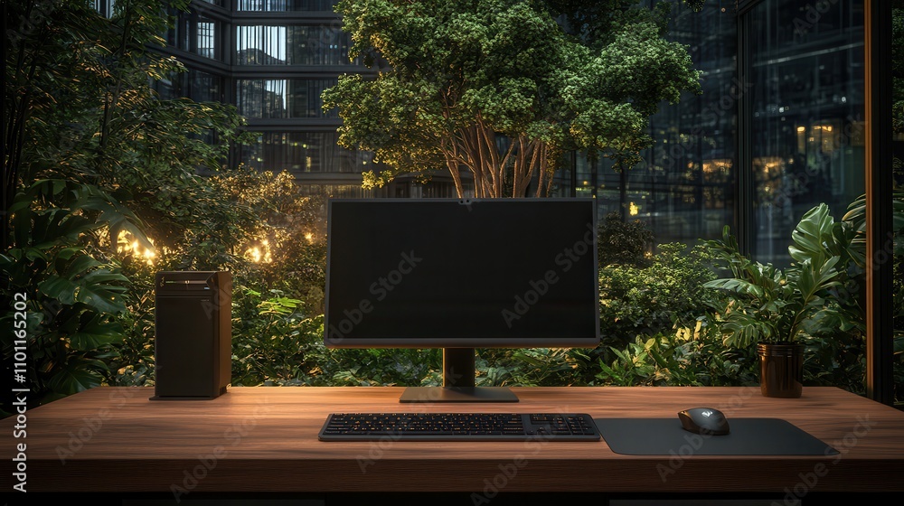 Aufkleber A serene workspace with a computer, surrounded by lush greenery, creating a harmonious blend of technology and nature.