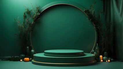 round podium banner with empty space, Green luxury Halloween vibes theme background,holiday poster promo sale banner background for advertisement ad