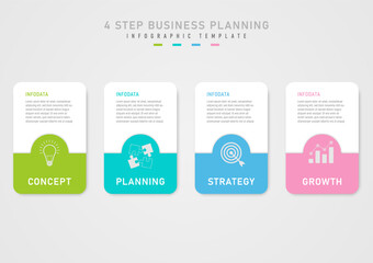 Business planning options template infographic The white square at the top has text in the middle. Below the multi-colored squares are white icons and gray gradient background.