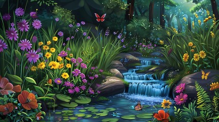 A Tranquil Garden with Cartoon-Style Flowers and Playful Butterflies, Set Against a Bright, Cheerful Background of Soft Pastels, Creating a Whimsical and Peaceful Atmosphere