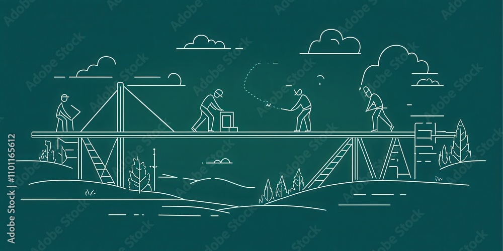 Poster a minimalist illustration depicts construction workers building a bridge, showcasing teamwork and en