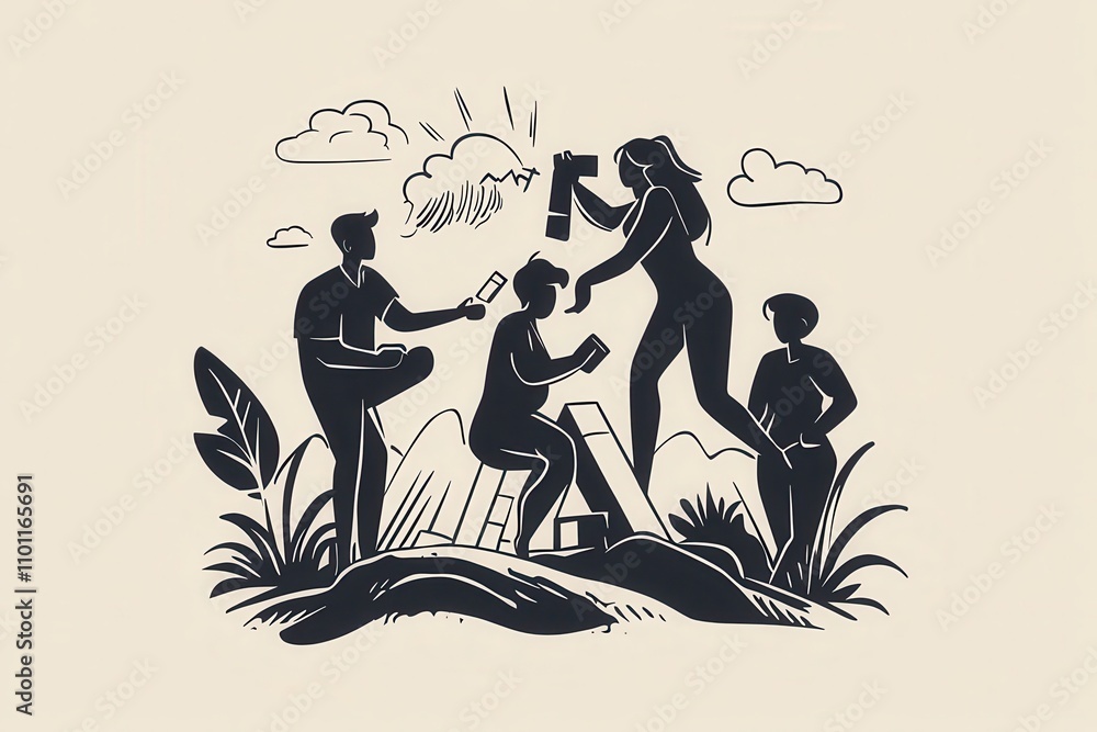 Poster a group of four figures engaged in a collaborative activity, set against a natural backdrop with sty