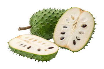 Fresh Soursop Fruit with Green Spiky Skin and White Flesh Slices