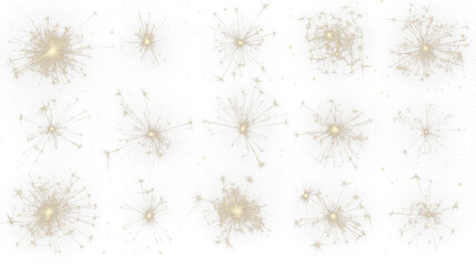 collection, grid, group - many golden fireworks bursting on transparent background, Sparkling gold fireworks for celebration, New Year festive theme