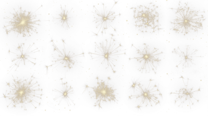 collection, grid, group - many golden fireworks bursting on transparent background, Sparkling gold fireworks for celebration, New Year festive theme
