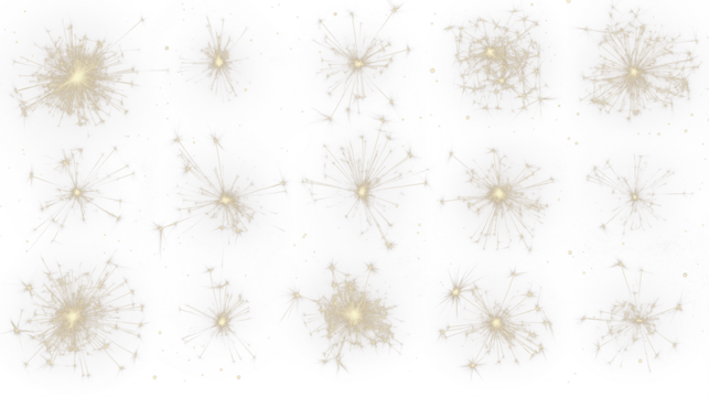 collection, grid, group - many golden fireworks bursting on transparent background, Sparkling gold fireworks for celebration, New Year festive theme - Powered by Adobe