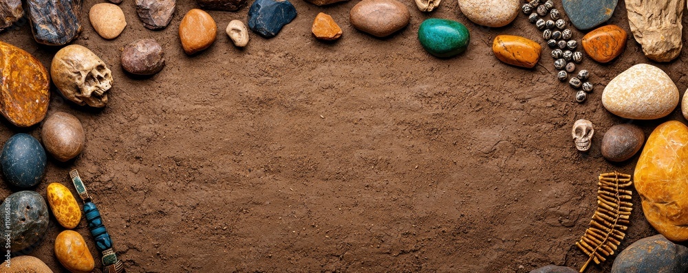 Poster a collection of colorful stones and decorative elements arranged on a sandy background, creating a n