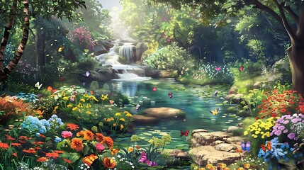 A Tranquil Garden with Cartoon-Style Flowers and Playful Butterflies, Set Against a Bright, Cheerful Background of Soft Pastels, Creating a Whimsical and Peaceful Atmosphere
