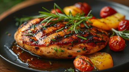 A chicken breast with vegetables and sauce on black plate