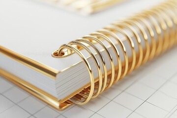 Golden spiral notebook 3d visualization set: standalone golden metal wire binding and springs designed for calendars, notebooks, albums, document covers, and coil mockups on diary pages
