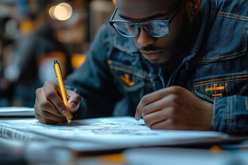 Obraz premium A young man wearing glasses, sits at a desk, focusing intently on his work, diligently writing in a notebook. He's wearing a denim jacket and has a serious expression. 