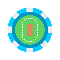 A cricket field layout featuring a central pitch, surrounded by an inner circle and outer boundary, designed in a simplified and stylized graphic representation.