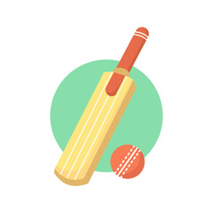 A vector illustration of a cricket bat and ball, designed in a simple cartoon style. The bat and ball are isolated with a green circular background, symbolizing the sport of cricket.