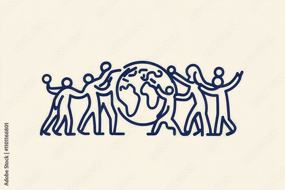 Poster a simple line drawing of diverse figures surrounding a globe, symbolizing unity, cooperation, and gl