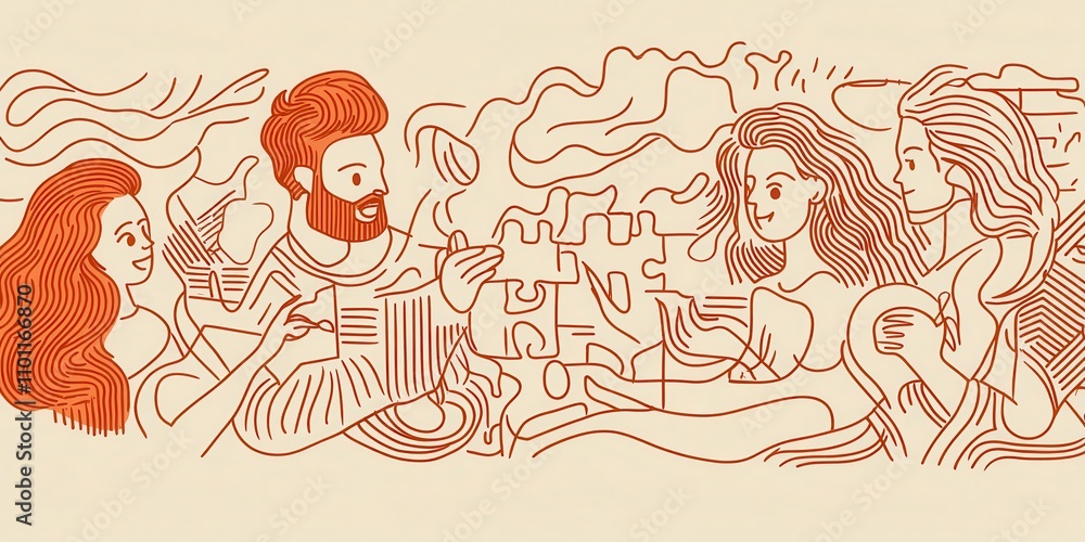 Poster a vibrant line drawing depicts a group of four individuals engaged in a creative discussion, surroun