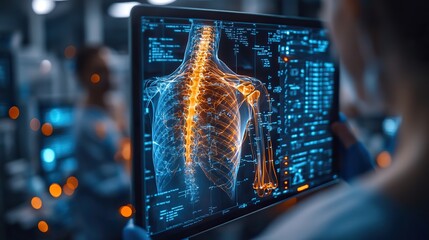 a digital tablet with an x ray image of the shoulder joint is used by a medical team to diagnose injuries to the tendons and bones