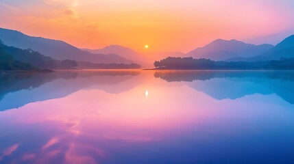 A Tranquil Lake at Dawn with Perfectly Still Water Reflecting the Soft Colors of the Sky, Surrounded by Misty Forests and a Serene, Peaceful Atmosphere