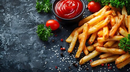Chips fries and ketchup on a dark background top view