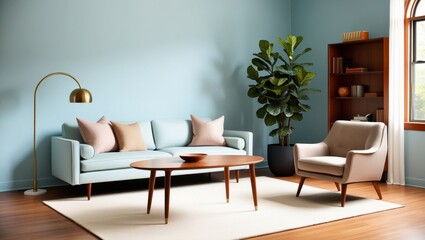 Nordic living room interior with minimalist decor and natural wood.