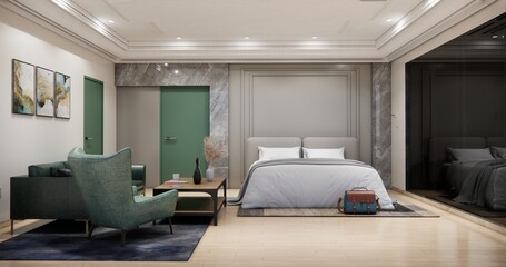 Rendered image of a bedroom with a living room inside, suitable for a small condo, green furniture.